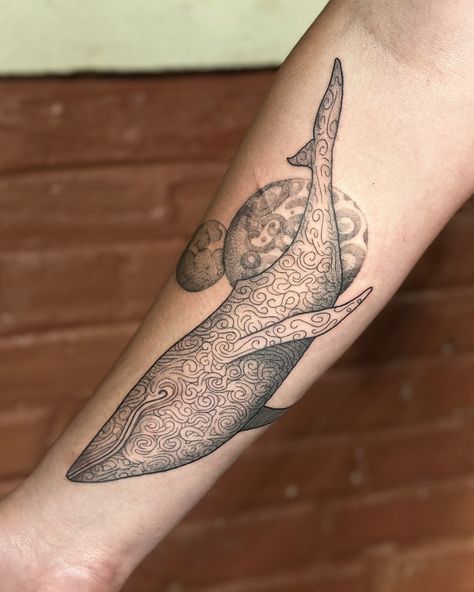 gojira space whale!! 🌌🪐🐋 on the inner forearm for my brother thomas’s first tattoo 🤯 swipe to see the album cover design it was based on . ☀️booking summer☀️ done at @_i_am_art in philadelphia . made with a lot of gray wash (all the inner swirls and most of the shading on the planets) so i’m excited to see how it heals up in a few months. this was so fun to make 🥹 thank you for the trust and patience and for fixing up my computer!!!🫶🏼✨ i love bartering🗣️ . #phillytattoo #phillytattooartist #p... Gojira Tattoo, Whale Tattoo Design, Space Whale, Whale Tattoo, Whale Tattoos, Inner Forearm, The Planets, Album Cover Design, Grey Wash