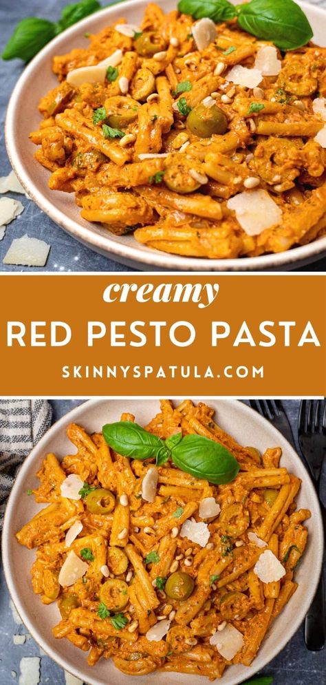 Pesto And Red Sauce Pasta, Red Pesto Dishes, Recipes With Red Pesto Sauce, Red Pesto Fettuccine, Red Pesto Chicken Pasta, Creamy Tomato Pesto Sauce, Recipes With Tomato Pesto, Pesto Rosso Pasta Recipes, Pesto Marinara Pasta