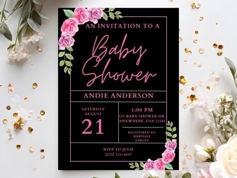 Black And Pink Baby Shower Ideas, Baby Shower Pink, Profile Icon, White Baby Showers, Pink Baby Shower Invitations, Invitation Pink, Floral Baby Shower Invitations, Black And White Baby, Invitation Floral