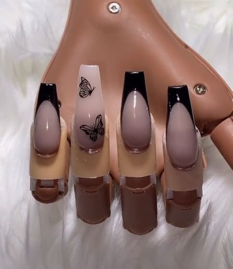 nude base with black french tips and butterfly stickers Black Butterfly Nails, Colourful Acrylic Nails, Black Acrylic Nail Designs, Tapered Square Nails, Butterfly Nails, Black Acrylic Nails, Formal Nails, Edgy Nails, Grunge Nails