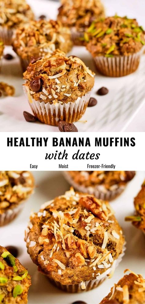 Banana Walnut Muffins Healthy, Muffins With Dates, Banana Nut Muffins Healthy, Banana Muffin Recipe Healthy, Sugar Free Muffins, Date Muffins, Banana Walnut Muffins, Gluten Free Banana Muffins, Healthy Banana Muffins