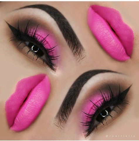 Pink And Black Eye Makeup, Hot Pink Makeup, Black Makeup Looks, Pink Eyeshadow Look, Party Make-up, Pink Eye Makeup, Barbie Makeup, Eye Makeup Pictures, Black Eyeshadow