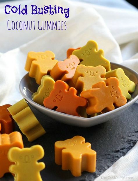 Cold-Busting Coconut Gummies  |  These Cold Busting Coconut Gummies are a great way to get a common home remedy for colds & flu into kids. Coconut Gummies, Homemade Gummies, Gummies Recipe, Coconut Ginger, Fresh Turmeric, Simple Health, Cold Home Remedies, Ginger And Honey, Cold Remedies