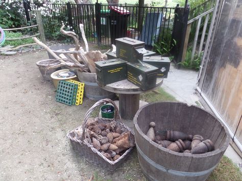 Wine barrel loose parts storage - The Nest New Zealand Loose Parts Play Outdoor Storage Ideas, Loose Parts Storage, Vintage Classroom, Yard Oasis, Garden Workshop, Reggio Inspired Classrooms, Parts Storage, Play Area Backyard, Outdoor Play Spaces