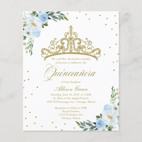 Budget Quinceanera Invitation Bilingual Tiara Blue Budget Quinceanera, Celebration Invitations, Quinceanera Invitation, Gold Tiara, Quinceanera Party, Sweet 16 Invitations, Quinceanera Invitations, Blush Flowers, Gold Invitations