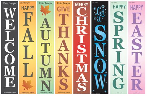 Joanie 40" STENCIL Vertical Holida Fall Welcome Snow Christmas Autumn Porch Sign #StencilsbyJoanie Vertical Signage, Vertical Signs, Porch Boards, Autumn Porch, Stencil Material, Christmas Material, Merry Happy, House With Porch, Holiday Signs