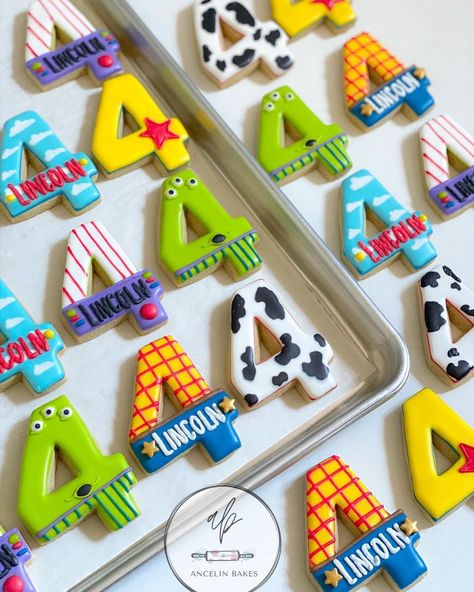 Toy Story Theme Cookies, Fourth Birthday Toy Story, Reach Four The Sky Birthday Toy Story, Toy Story 4th Birthday Party Ideas, Reach 4 The Sky Birthday Toy Story, Boys 4th Birthday Themes, Toy Story 4 Birthday Party Ideas, Reach Four The Sky Birthday, Toy Story Cookies Decorated