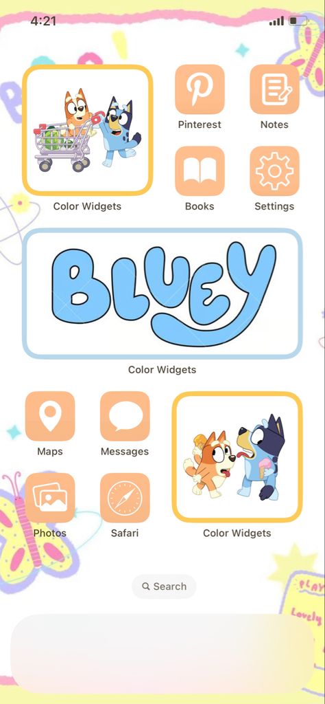 This is the first page of my bluey theme ( if you wanna see my lock screen and the last page of my home screen for my bluey theme go to my profile and go to my phone themes pin) Bluey Phone Themes, Bluey Homescreen Layout, Bluey Lockscreens, Bluey Themed Phone, Bluey App Icon, Bluey Screen Wallpaper, Bluey Cartoon Phone Wallpaper, Bluey Collage Wallpaper, Bluey Icons