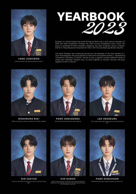 ask permission first if will use or print! twt: jaywyyyp School Year Book Template, Enhypen Photoism Template, Kpop Calendar 2024 Enhypen, Enhypen Yearbook Edit, Enhypen School Photoshoot, Enhypen Yearbook, Jungwon Id, Enhypen Edit Photo, Kpop Id Picture