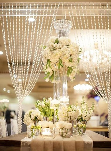 20FT x 3FT Clear Crystal Strands Curtain Backdrop Party Decoration - Metal Rod Top | eFavorMart Curtain Backdrop Wedding, Plan Checklist, Curtain Backdrop, Communion Ideas, Calla Lily Wedding, Crystal Curtains, Event Decorating, Curtain Backdrops, Lily Wedding