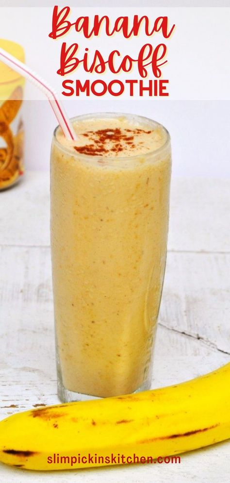 Banana Smoothie made with Biscoff Cookie Butter Biscoff Protein Shake, Biscoff Smoothie, Cookie Butter Smoothie, Biscoff Breakfast, Banana Biscoff, Blendjet Recipes, Banana Greek Yogurt, Bullet Recipes, Quick Smoothies