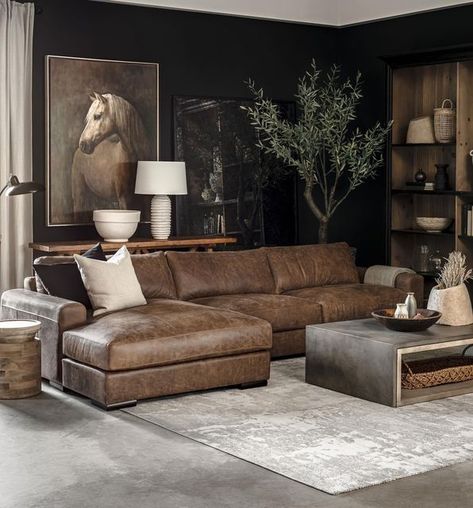 Masculine Country Living Room, Country Industrial Living Room, Brown Leather Couch Living Room Ideas, Brown Leather Sofa Living Room Decor, Mens Home Decor Masculine Interior, Dark Leather Couch Living Room, Leather Living Room Decor, Bachelor Living Room, Brown Couch Living Room Ideas