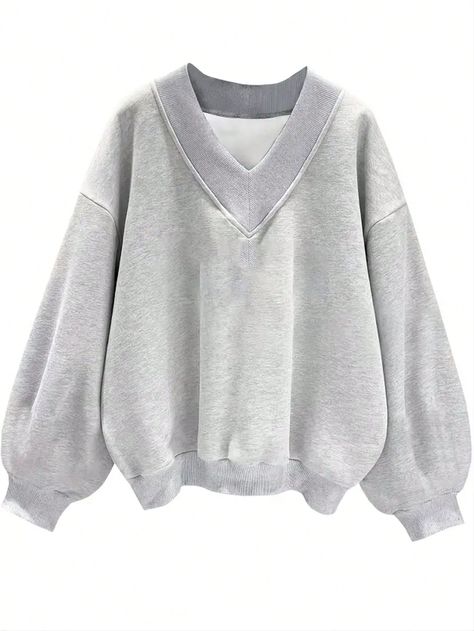 Casual & Simple Women's Oversize Grey V-Neck Loose Fit Sweatshirt Grey Casual  Long Sleeve Knitted Fabric Plain Pullovers Slight Stretch  Women Clothing, size features are:Bust: ,Length: ,Sleeve Length: Fall 2024 Fashion, 2024 Fashion Trends, Dropped Shoulder Sweatshirt, Women Sweatshirts, Korean Casual, Knit Sweatshirt, 2024 Fashion, Loose Sweater, Girl Sweatshirts