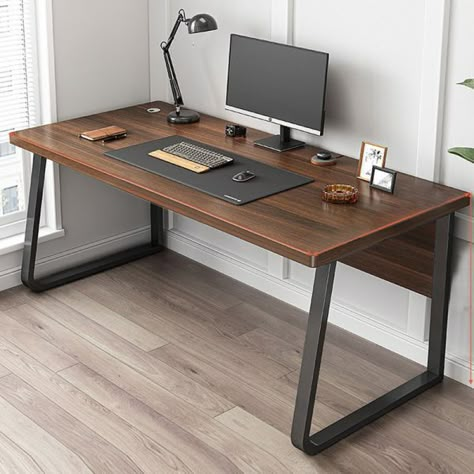 Meja Kerja Industrial, Desktop Table Ideas, Dark Wood Desk Office, Desk Legs Ideas, Dark Walnut Desk, Dark Oak Desk, Desk Measurements, Walnut Computer Desk, Wooden Computer Desk