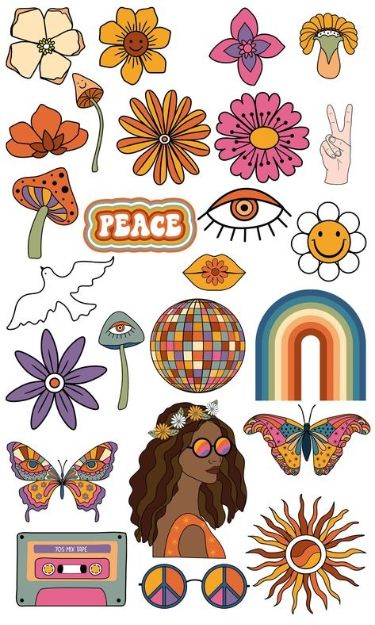 Things To Stick On Your Wall, Groovy Stickers Aesthetic, Sticker Board Ideas, Hippie Drawings Easy, Wall Stickers Bedroom Aesthetic, Retro Stickers Aesthetic, 70s Tattoo Ideas, 70s Stickers, Indie Stickers