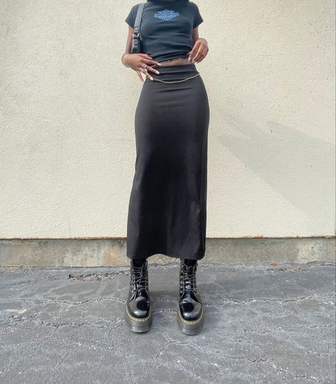 @bengelaweinberg on ig. platform shoe outfits/jadon doc martens/ harley davidson shirt outfit/ rhinestone harley davidson/ waist bead outfits/ black aesthetic/ black girl outfits/ street fashion Long Black Skirt Doc Martens Outfit, Platform Shoes Dress Outfit, Long Skirt Docs Outfit, Harley Davidson T Shirt Outfit, Doc Jadon Outfit, Doc Platforms Outfits, Black Aesthetic Outfit Girl, Skirt And Docs Outfit, Waist Bead Outfit