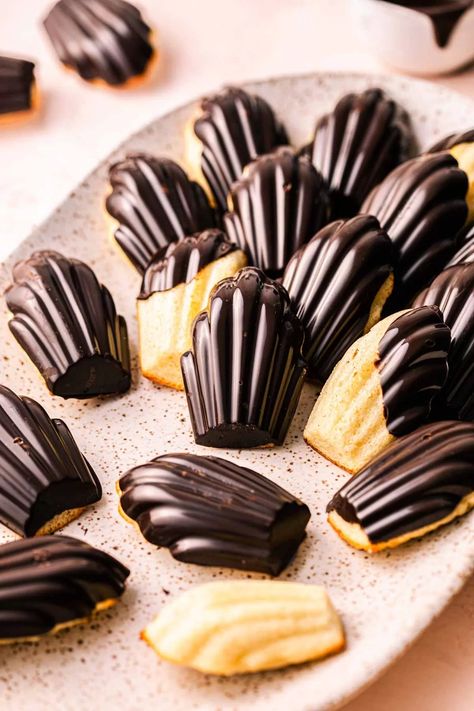 Chocolate Dipped Madeleines Recipe | Baker Street Society Chocolate Dipped Madelines, Dipped Madelines, Madelines Recipe, Madeleines Recipe, Madeleine Cake, Madeline Cookies, Madeleine Recipe, Lemon Poppyseed Bread, French Cookies