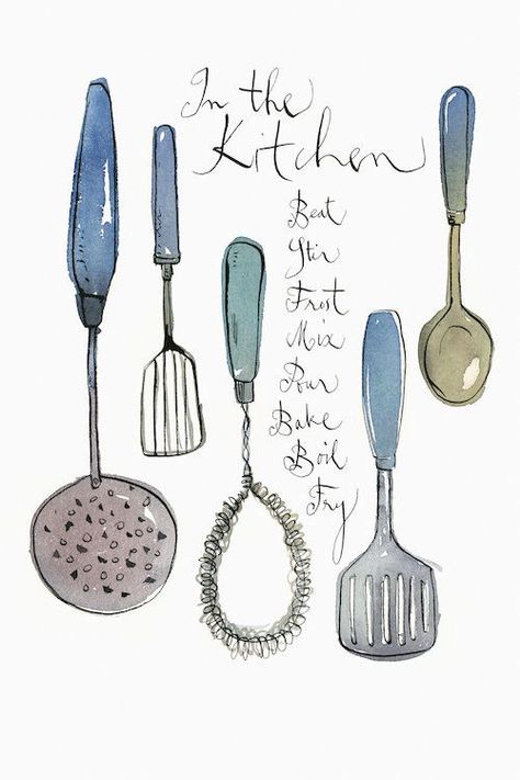 Kitchen Utensils Painting Print on Wrapped Canvas Kitchen Utensils Drawing, Kitchen Tools Drawing, Utensils Illustration, Kitchen Utensils Illustration, Utensils Drawing, Kitchen Secrets, Kitchen Embroidery, Paint Illustration, Blue Kitchen Decor