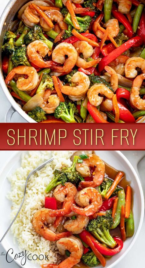 Shrimp Stir Fry with a mix of vegetables and a side of rice Shrimp Stir Fry With Frozen Vegetables, Fish Stir Fry Recipes, Stir Fry Shrimp And Vegetables, Shrimp Stir Fry With Noodles, Shrimp Stir Fry Recipes, Stir Fry With Shrimp, Shrimp Stirfry, Seafood Stir Fry, Shrimp Stir Fry Recipe