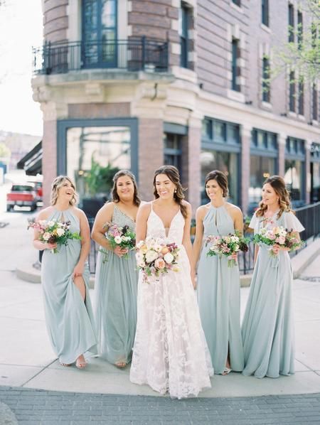 Seafoam blue bridesmaid dresses and Hayley Paige bridal gown | #weddingdress #bridesmaiddress #bridesmaiddresses #hayleypaigedress #weddingdressideas Cornflower Blue Wedding, Blue Bridesmaid Dresses Short, Blue Wedding Receptions, Hayley Paige Bridal, Gorgeous Bridesmaid Dresses, Seafoam Blue, Blue Wedding Inspiration, Bridesmaid Bouquets, European Wedding