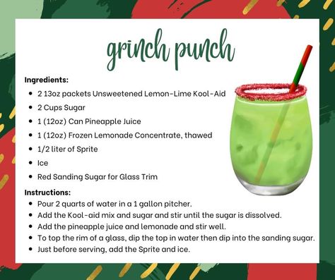 Non-Alcoholic Holiday Christmas Drink Mocktail Grinch Punch, Holiday Drinks Alcohol, Lemonade Concentrate, Juicy Juice, Christmas Drink, Frozen Lemonade, Canned Pineapple, Punch Recipes, Kool Aid