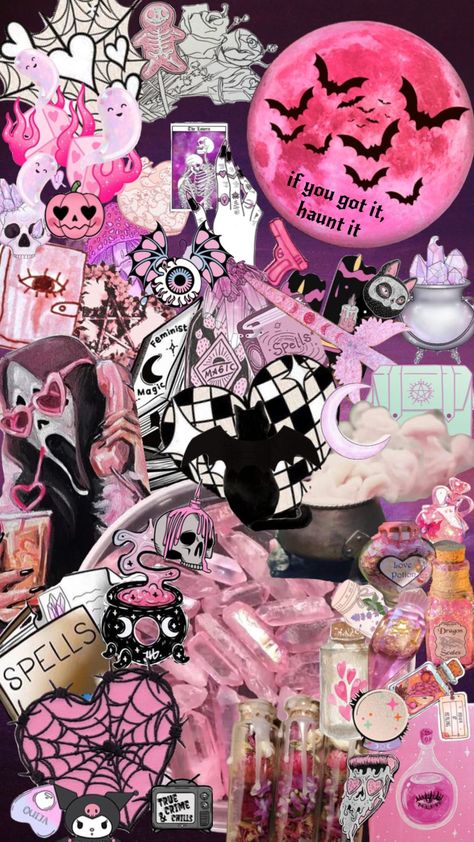 #halloween #pinkhalloween #spookyszn #pinkween Cute Aesthetic Halloween Wallpaper, Creepy Pink Aesthetic, Aesthetic Halloween Wallpaper, Halloween Wallpaper Cute, Goth Wallpaper, Witchy Wallpaper, Halloween Wallpaper Iphone, Aesthetic Halloween, Wallpaper Pink