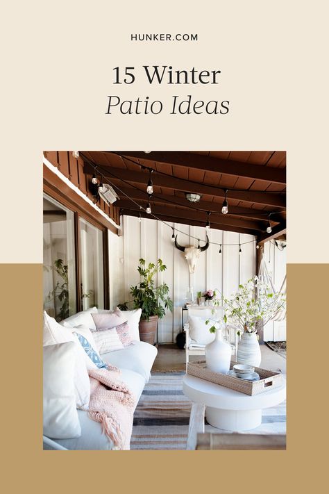 From the perfect space heaters to warm things up to the best decor to create that cozy vibe, here are 15 winter patio ideas that will make your outdoor area a delightful place that you actually want to spend time in, even when it's cold outside. #hunkerhome #winterpatioideas #patioideas #patio #patiodecorideas