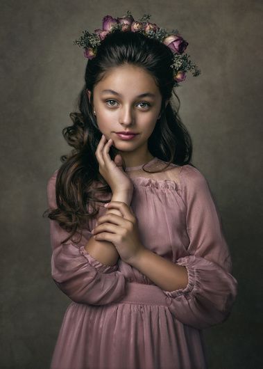 The hair and styling all happens organically. I wanted a soft look with real dried flowers in her hair. The color of the flowers were perfect for the dress color. My work is inspired by Renaissance old master paintings so often my lighting and editing style will reflect that look. Nikon D750, 85mm, f/3.5, 1/200, ISO100. Two lights: one 60" octa camera left, and 7' diffused umbrella behind camera for fill. Edited in RAW, Ps and textures added in post. Dress purchased from Joyfolie. Old Master Paintings, Master Paintings, Fine Art Portrait Photography, Art Photography Portrait, Flowers In Her Hair, Fine Art Portraiture, Nikon D750, Fine Art Portraits, Foto Art