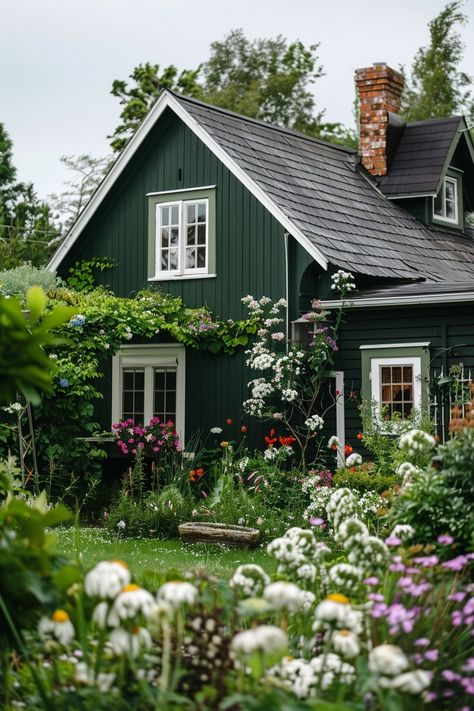 House Paint Green Exterior, Colored Trim Exterior, Emerald Green Exterior House Colors, Green House Exterior White Trim, Green Paint House, Earthy Home Exterior, Green House White Trim, Green Painted House, Dark Green Cottage