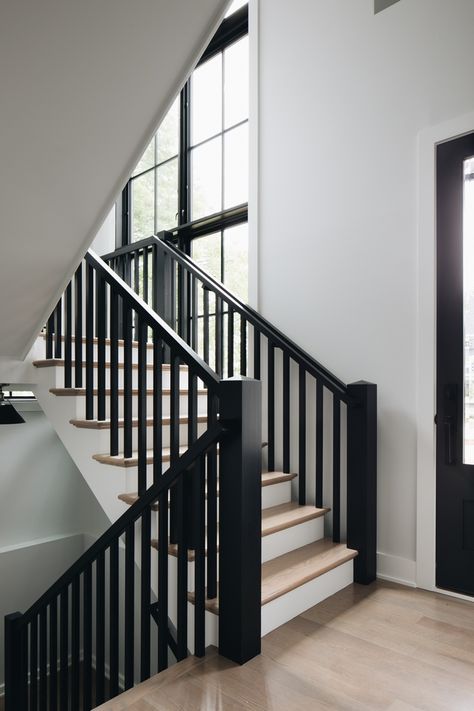 Black Staircase Paint Color Wood Newels Rungs Handrail Sherwin Williams SW 6258 Tricorn Black Black Staircase Paint Color Staircase Ideas Black, Hallway Ideas Black, Staircase Paint, Black Handrail, Black Stair Railing, Wood Railings For Stairs, House Development, Black Staircase, Transitional Staircase