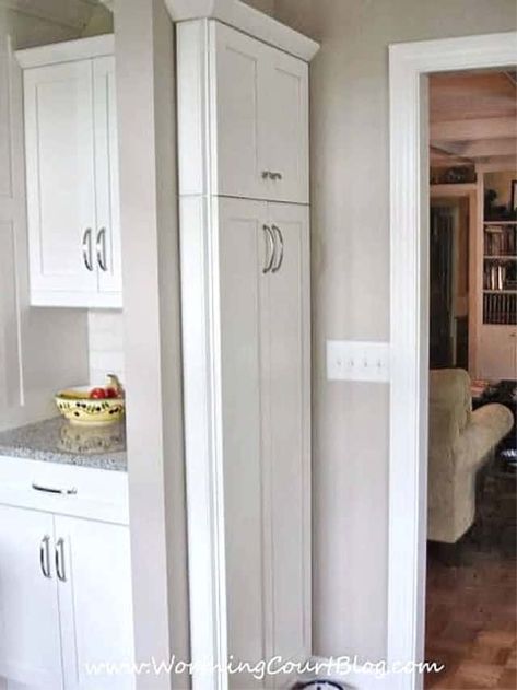 3 cool kitchen ideas to make use of every square inch in your kitchen. #kitchenremodel, #kitchencabinets, #kitchenideas, #kitchenorganization, #kitchenorganizationpanty, #kitchenorganizationpots, #kitchenorganizationstorage, #potlidstorage, #commandcenter, #dishstorage, #pantryorganization Narrow Cabinet Kitchen, Narrow Pantry, Mop Storage, Broom Storage, Dressing Design, Narrow Cabinet, Kabinet Dapur, Narrow Kitchen, Marble Counter