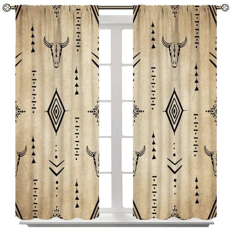 PRICES MAY VARY. ❤Size❤: Includes 2 Blackout Curtains, The Total Length Of The 2 Pieces Is 42 Inches In Width And 63 Inches In Length. These Curtains Feature An Innovative Rod Pocket Design For Easy Installation And Smooth Sliding. ❤Premium Quality Material❤: Our Curtains Are Made Of 99.99% Polyester Soft And Silky Ultra-Durable Innovative Microfiber Fabric, Which Is Thinner Than Ordinary Fabrics And Won'T Fade In The Long Run, And Also Ensures The Best High-Definition Printing Effect. ❤Effective Shading❤: Shading Curtains Are Designed To Provide A Wide Range Of Shading Capabilities Through Multiple Layers Of Fabric, Light-Tight Seams And Other Features. Therefore, They Are Perfect For Bedrooms, Home Theaters, Or Any Room Where You Want To Create Complete Darkness. They Can Effectively Pre Western Bedroom Decor Rustic, Western Curtains, Home Theaters, Window Treatments Bedroom, Aztec Style, Aztec Fashion, Drape Panel, Western Homes, Bull Skull