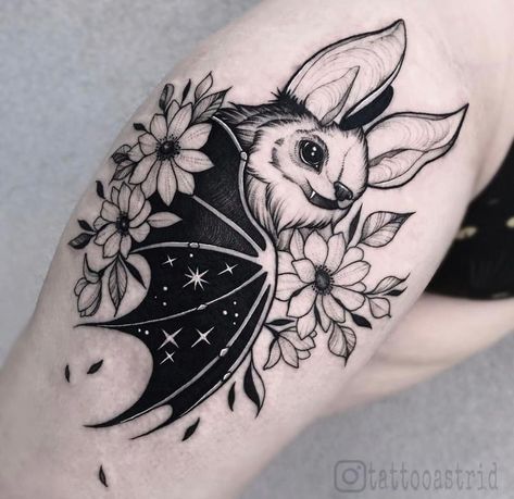 Bats And Flowers Tattoo, Witchy Bat Tattoo, Kawaii Bat Tattoo, Bat With Flowers Tattoo, Two Skulls Tattoo, Fine Line Bat Tattoo, Whimsigothic Tattoo, Floral Bat Tattoo, Halloween Sleeve Tattoo For Women