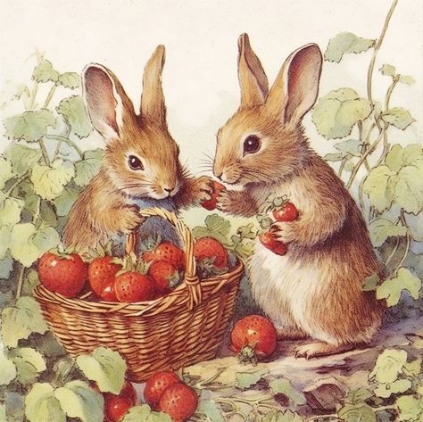 Strawberry Picking Illustration, Cute Forest Animals Drawing, Peter Rabbit Tattoo, Peter Rabbit Tattoos, French Animals, Beatrix Potter Art, Vintage Animal Illustration, Rabbit Standing, 2025 Vibes