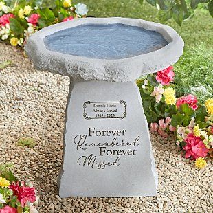 Memorial Gifts | Personal Creations Small Memorial Garden Ideas, Flag Pole Landscaping, Stone Bird Baths, Pet Memorial Garden, Memorial Garden Stones, Prayer Garden, Memorial Benches, Catholic Decor, Garden Water Feature