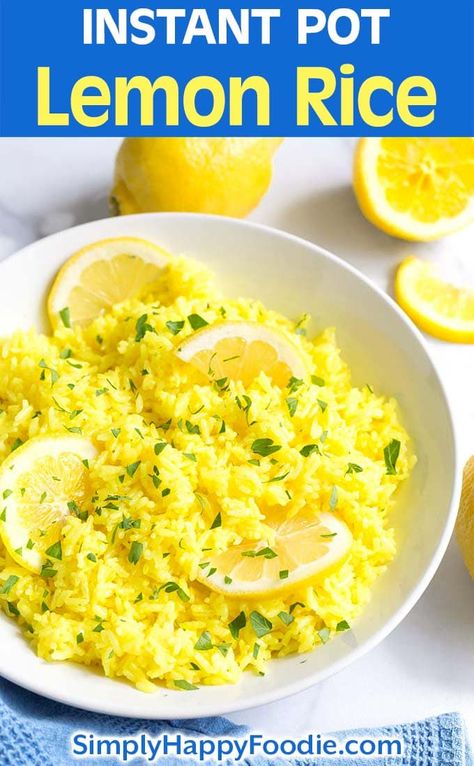 Instant Pot Lemon Rice is a super delicious, lemon flavored rice. It is so easy to make! With only 5 ingredients, this wonderful pressure cooker lemon rice is the perfect side dish with fish, chicken, and many other recipes. simplyhappyfoodie.com #instantpotlemonrice #pressurecookerlemonrice Instant Pot Lemon Rice, Simply Happy Foodie, Side Dishes For Fish, Greek Lemon Rice, Rice Side, Flavored Rice, Rice Side Dishes, Lemon Rice, Best Instant Pot Recipe