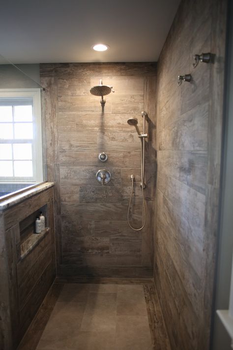 Master Bathrooms With Walk In Showers Stone, Black And Brown Tile Bathroom, Dual Walk In Shower Ideas, Walk In Shower With Half Wall Stone, Narrow Walk In Shower Ideas, 48 X 60 Shower Ideas, Pine Ceiling Bathroom, Step Down Shower Ideas, Walkin Shower Ideas No Door Half Walls