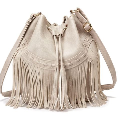 New Leather Crossbody Hobo Bucket Bag Fringe Tassel Drawstring Shoulder Handbags Size Size:9.6in X 5.9in X 10.2in (Lxwxh) Long Strap Drop /Length: 64cm/25.2in Item 30-18 Fringe Purse, Best Purses, Bucket Bags, Bag Stand, Leather Bucket Bag, Leather Bucket, Black Handbags, Hobo Bag, Shoulder Handbags