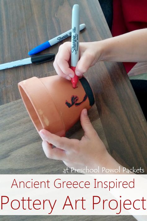 Fun ancient-Greece-inspired pottery craft for preschool and older! Art + History + Geography!! Ancient Civilizations Art, Greece Crafts For Kids, Ancient Greece Crafts, Ancient Greece Projects, Greece Project, Ancient Greece For Kids, Ancient Greece History, Ancient Greece Art, Greek Crafts