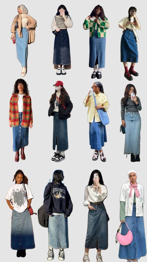 #outfitinspo #inspo #inspiration #fashion #inspoboard #beauty #jeanskirt #jeans #modestfashion Modest Outfits Casual Pants, Jean Skirt Office Outfit, Denim Skirt 2000s Outfit, Denim Skirt Styling Ideas, Cute Long Jean Skirt Outfits, Streetwear Fashion With Skirt, Fall Outfits With Jean Skirt, Light Jean Skirt Outfit, Long Skirt Outfits 2024