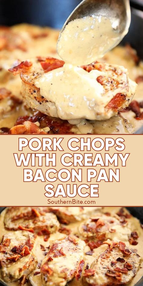 Pork Chops with Creamy Bacon Pan Sauce Creamy Bacon Pork Chops, Bacon Pork Chops, Recipe For Pork Chops, Brine For Pork, Pork Cooking Temperature, Cheese Pork Chops, Recipe For Pork, Cake Pizza, Recipes Meat