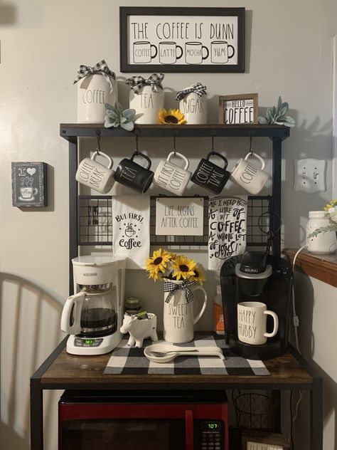 My coffee bar redo. Purchased the Bakers Rack from Amazon Coffee Bar On Bakers Rack, Coffee Bar Bakers Rack, Bakers Rack Coffee Bar Ideas Farmhouse, Baker Rack Coffee Station, Baker Rack Ideas Kitchen, Coffee Bar Bakers Rack Ideas, Farmhouse Bakers Rack Decor, Bakers Rack Ideas Kitchen, Kitchen Bakers Rack Ideas