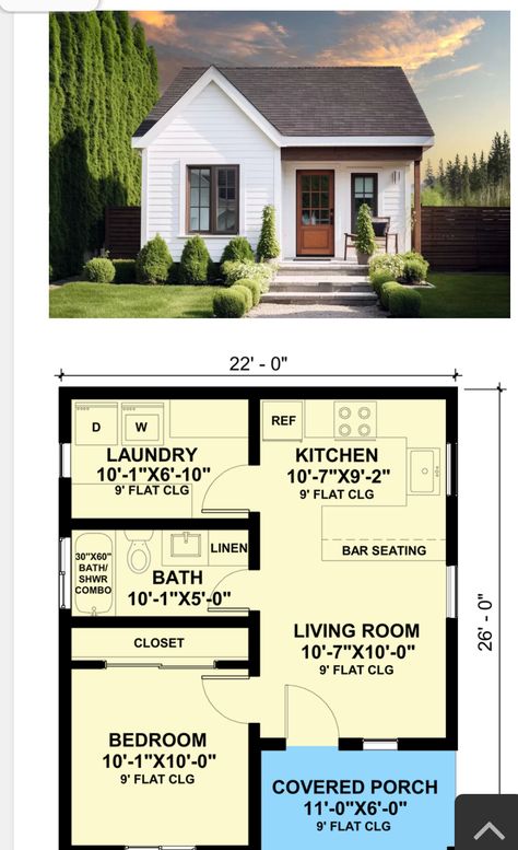 One Floor House Plans, Small Cottage Homes, House Plans One Story, Tiny Cottage, One Story Homes, Small Cottage, Small Houses, Room Closet, Bar Seating