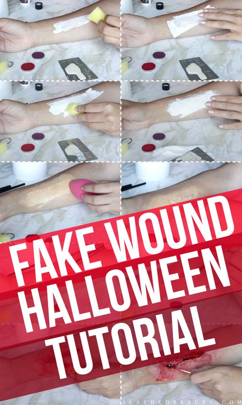 Learn how to create a DIY fake wound for Halloween. This will help enhance any DIY halloween costume! | Fake Wound Tutorial | Halloween Makeup Tutorial | Halloween SFX Makeup Tutorial | Easy SFX Halloween Makeup | Slashed Beauty  #diyhalloween #halloweenmakeup #halloweensfxmakeup #sfxmakeup Makeup Wounds Tutorials, Diy Halloween Wound Makeup, How To Do Fake Wounds, Diy Fake Scar Makeup, How To Make Fake Wounds Diy, Fake Wounds Tutorial, Diy Wound Makeup, Sfx Wound Makeup Tutorial, Stab Wound Makeup