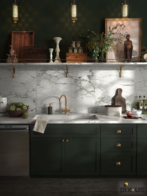 Moody Kitchen, Farmhouse Kitchen Island, Laundry Room Shelves, Marble Kitchen, Marble Counter, Classic Kitchen, Green Cabinets, Dark Kitchen Cabinets, Dark Cabinets