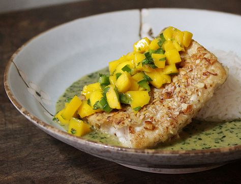 Almond Crusted Mahi Mahi with Coconut Basil Sauce Snook Recipes, Ono Fish, Fillets Recipes, Turbot Fish, Ono Fish Recipe, Sheepshead Fish Recipe, Basil Sauce Recipe, Fluke Recipes, Sheepshead Fish