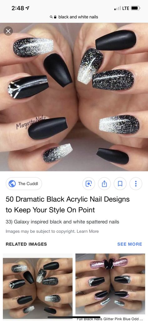 Gothic Wedding Nails For Bride, Black And White Wedding Nails, Black Wedding Nails For Bride, Black Wedding Nails, Black Acrylic Nail Designs, Hoco Nails, Black And White Wedding Theme, Nails For Bride, Prom Nail