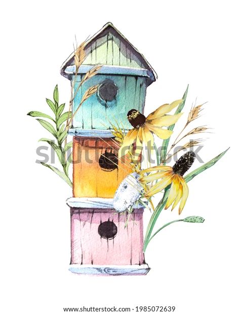 Watercolor Birdhouse, Hand Painted Birdhouses, Traditional Paint, Bird Houses Painted, Fabric Panel, Fabric Birds, Digital Print Fabric, Arte Animal, Watercolor Bird