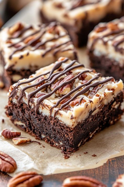 Indulge in these upgraded German Chocolate Brownies, featuring toasted pecans and a luscious coconut frosting. This fudgy and chewy dessert will captivate anyone with a sweet tooth. If you're a fan of German Chocolate, prepare to fall in love with this rendition that transforms the classic brownie into something extraordinary. Combining a rich chocolate base German Chocolate Bars, German Chocolate Brownies, Coffee Brownies, Coconut Brownies, Pecan Desserts, Coconut Pecan Frosting, Coffee Shop Menu, Chocolate Brownie Cookies, Caramel Bits