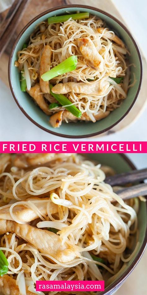 Fried Rice Vermicelli - easy rice noodles recipe stir-fried with chicken, bean sprouts and scallion. Learn how to cook vermicelli at home with this recipe! Easy Rice Noodle Recipes, Rice Noodles Recipe, Gf Meals, Vermicelli Recipes, Rice Noodle Recipes, Rice Noodles Stir Fry, Easy Rice, Rasa Malaysia, Vermicelli Noodles